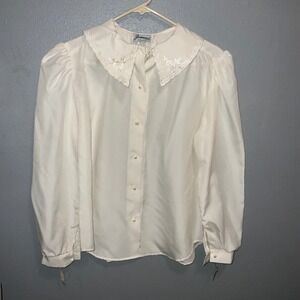 Joanna Cottage Core Coquette Lace Collar Pearl Button Puff Sleeve Blouse Size 12